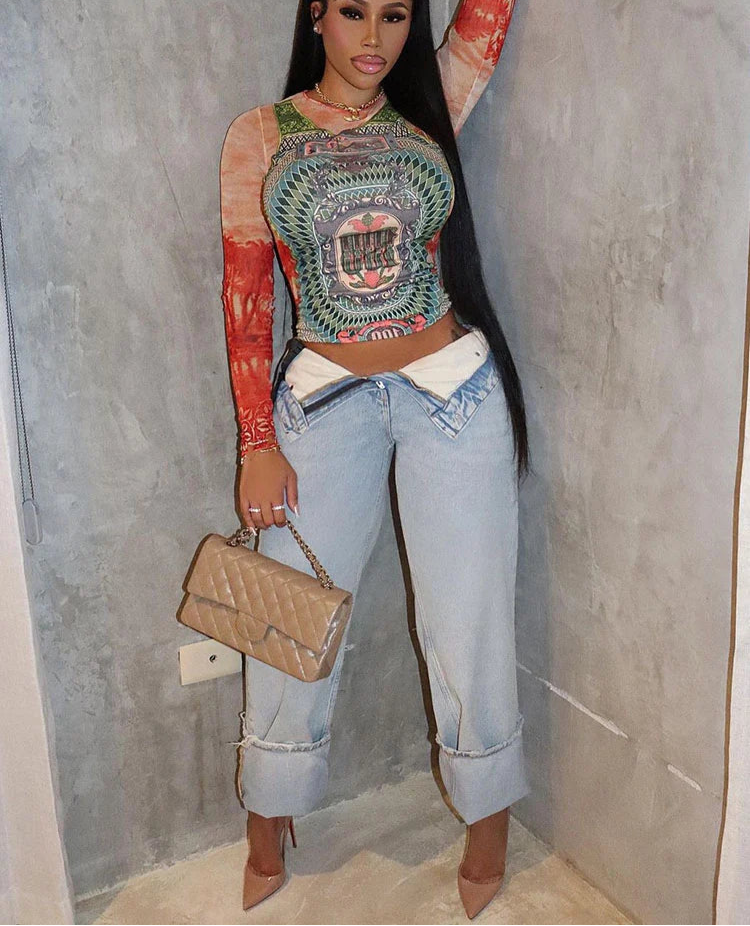 Mesh Dollar Print Classic Aesthetic O-neck Long Sleeve Skinny Top