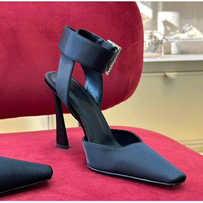 Luxury Satin Rhinestones Square Buckle Pumps
