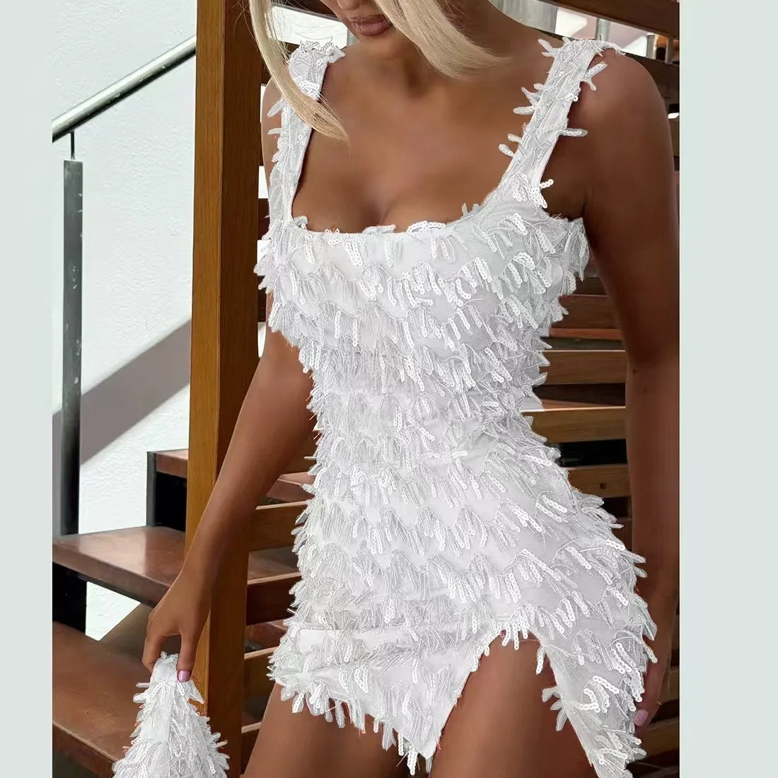 Colorful Diamond Pattern Sequin Slit Mini Dress