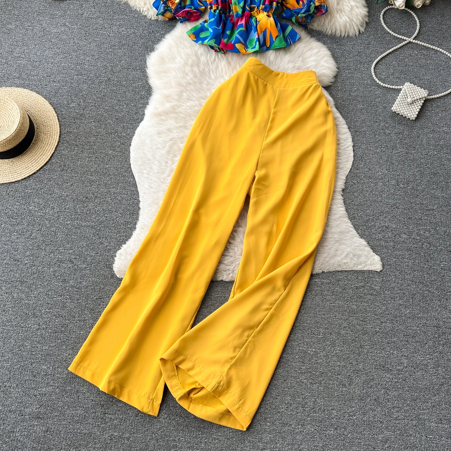 Ruffles Floral Print Elastic Waist Wide Leg Long Pants+Top Set