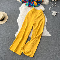 Ruffles Floral Print Elastic Waist Wide Leg Long Pants+Top Set