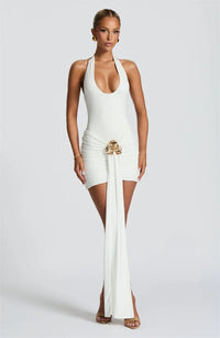 Metal Flower Draped Ruched Sexy Mini Dress