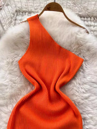 One Shoulder Solid Chic Knitted Mini Dress