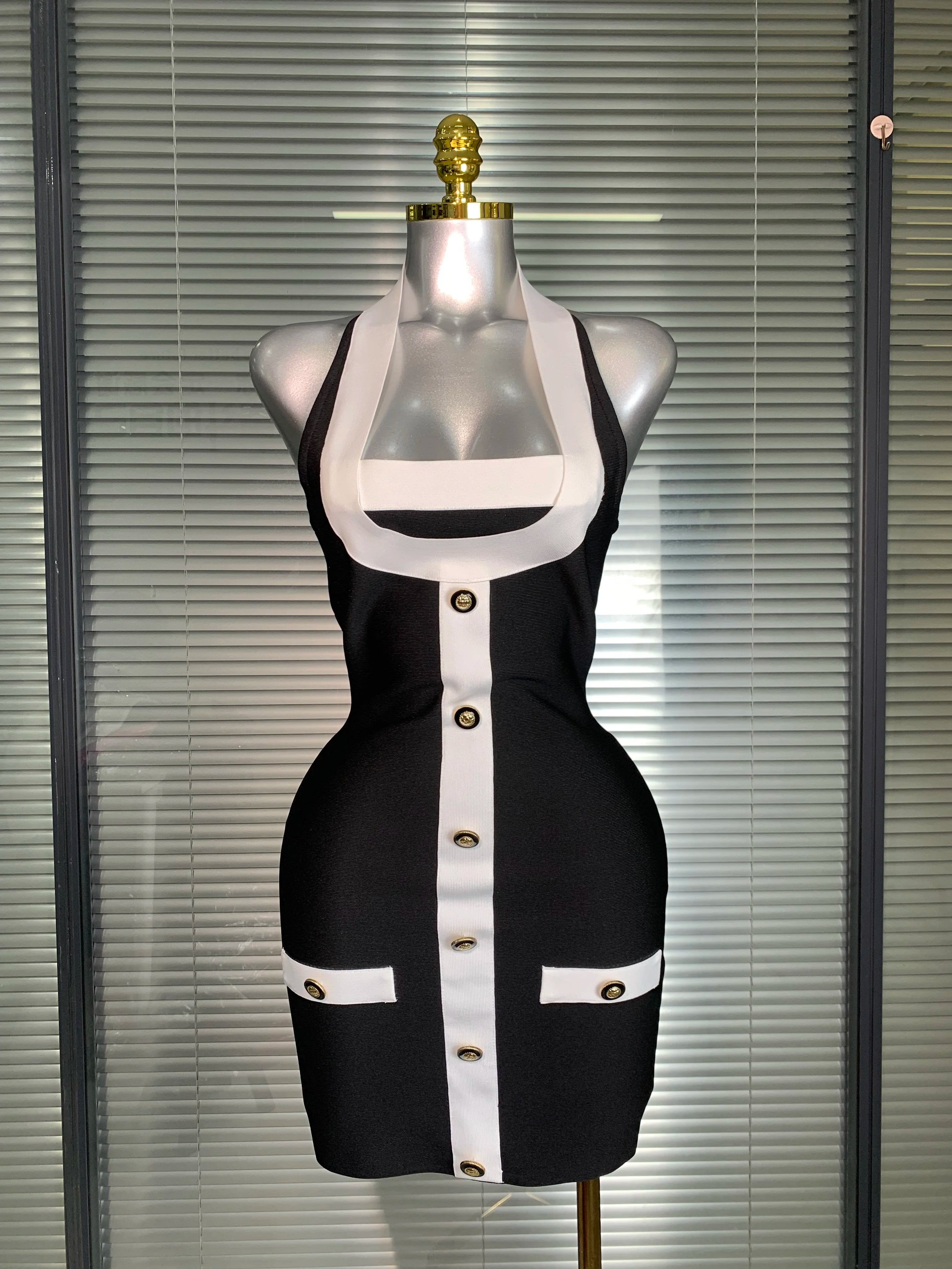 Sexy Halter Button Black Bandage Mini Dress