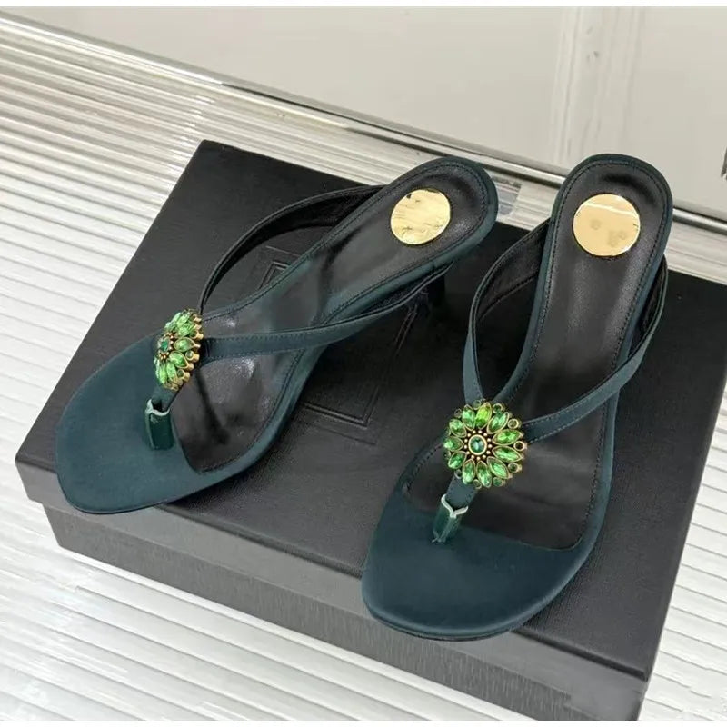 Rhinestone Flower Decor Heeled Slippers