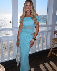 Ruched Irregular Mesh Patchwork Off Shoulder Dress