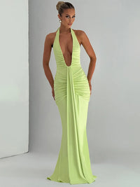 Deep V Neck Draped Ruched Sexy Maxi Dress