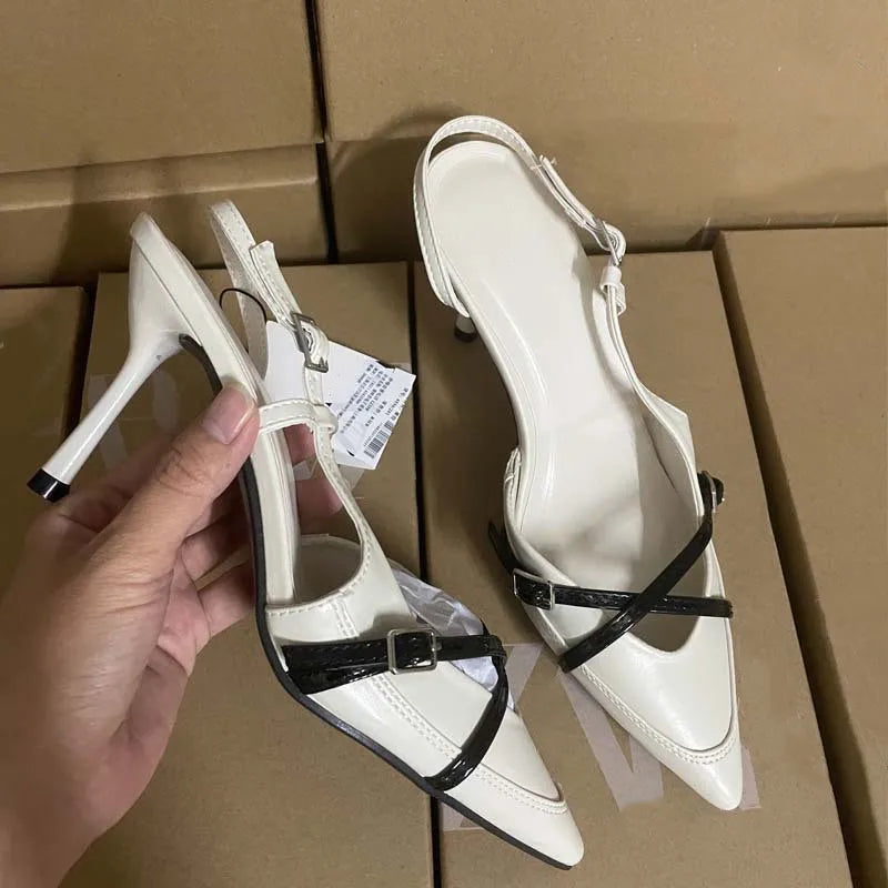 Elegant Pointed toe PU Leather Slingback Thin Heels