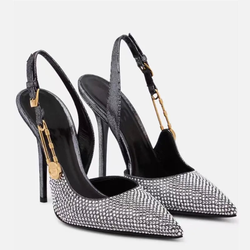 Luxury Rhinestone Sequined Buckle Pointed toe Slingback Stiletto