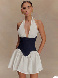 Patchwork Halter Denim Backless Sexy Mini Dress