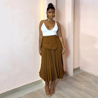 High Waist Patchwork Belt Big Swing Pleated Maxi Skirt