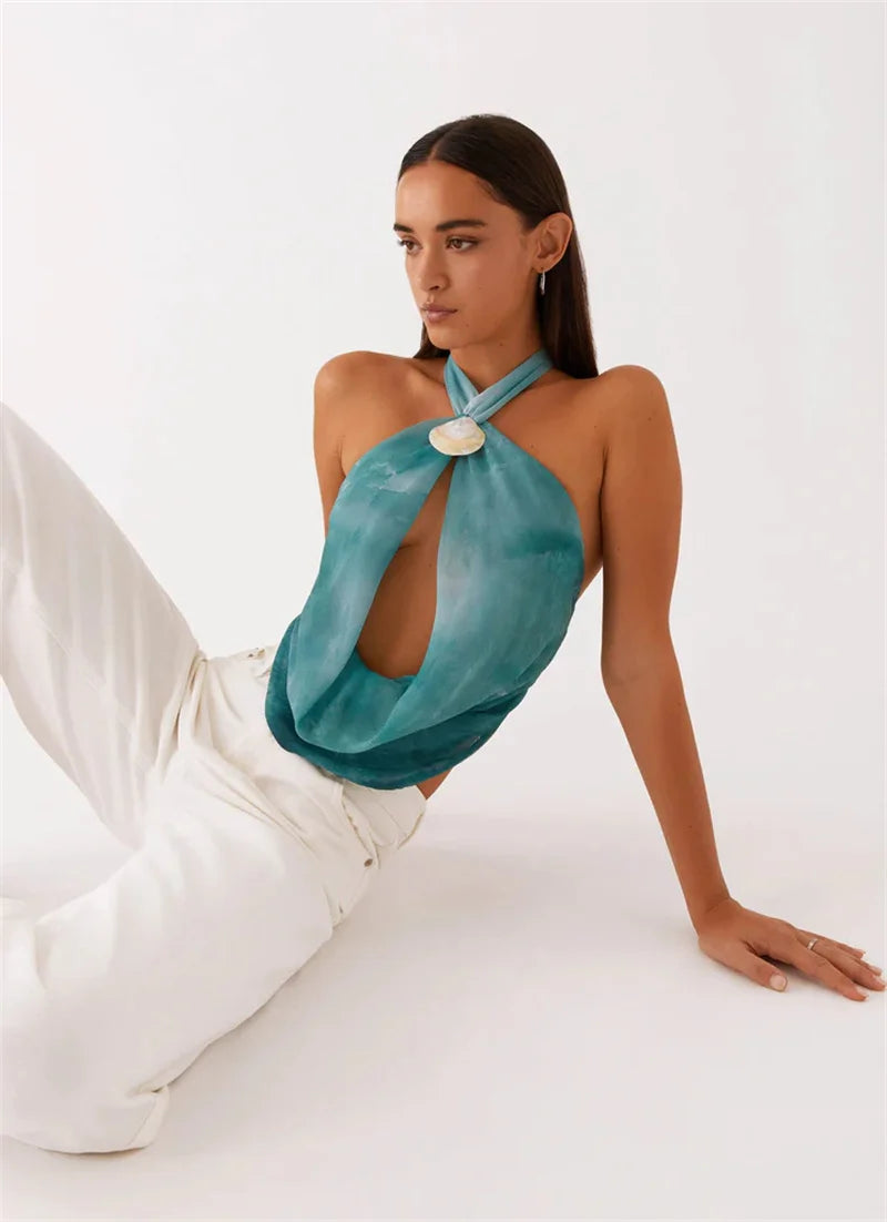 Tie Dye Hollow Out Halter Sexy Tank Top