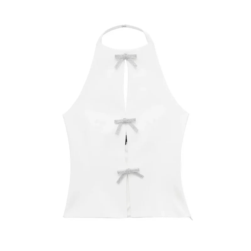 Bow Rhinestone Cut Out Backless Top