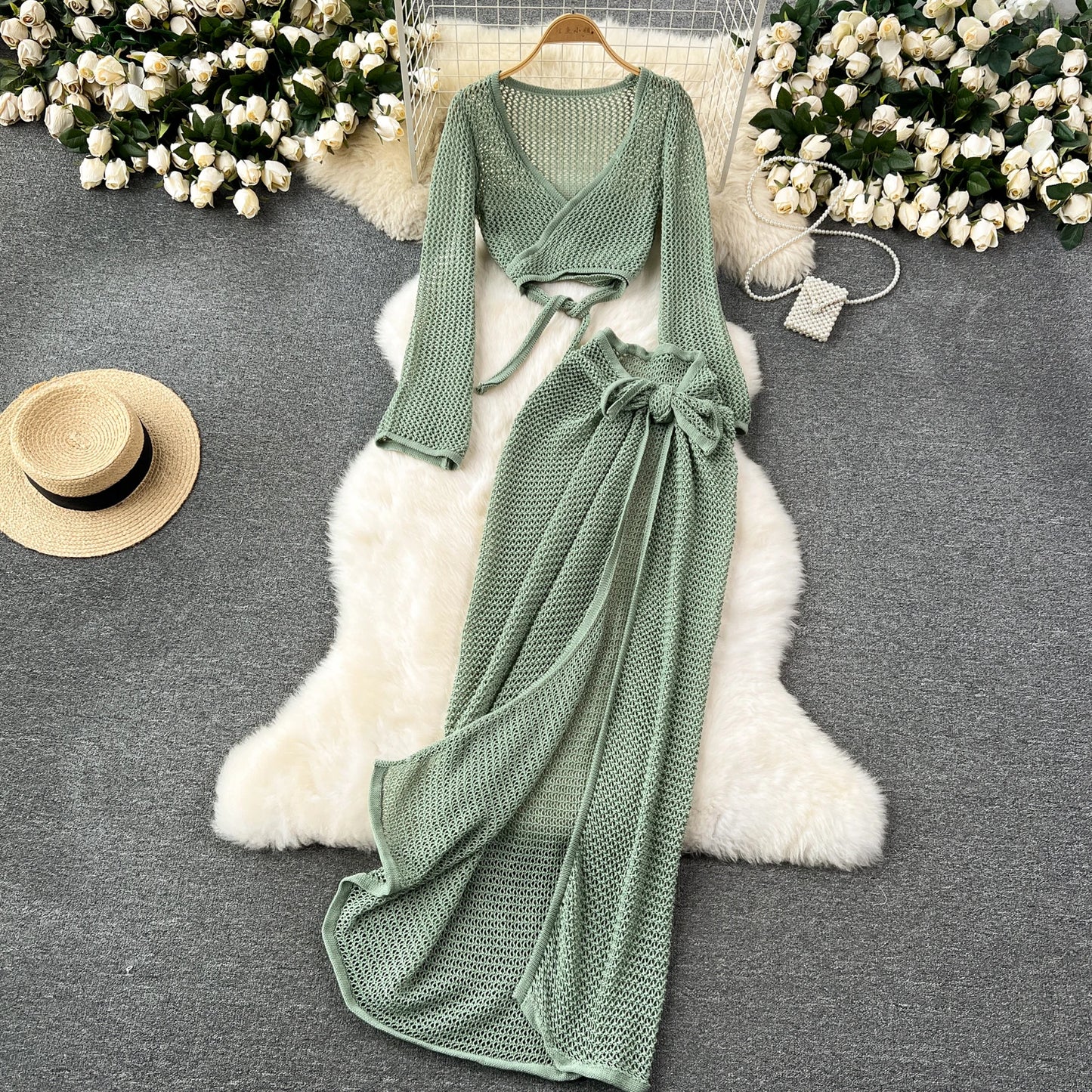 Long Sleeve V Neck Short Top+Adjustable Waist Split Long Skirt Set