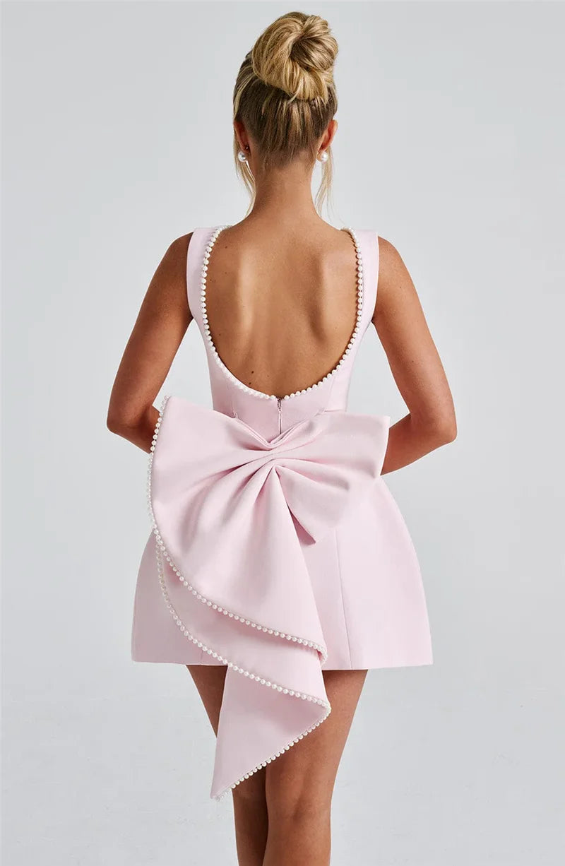 Pearl Bow Backless Sexy Mini Dress