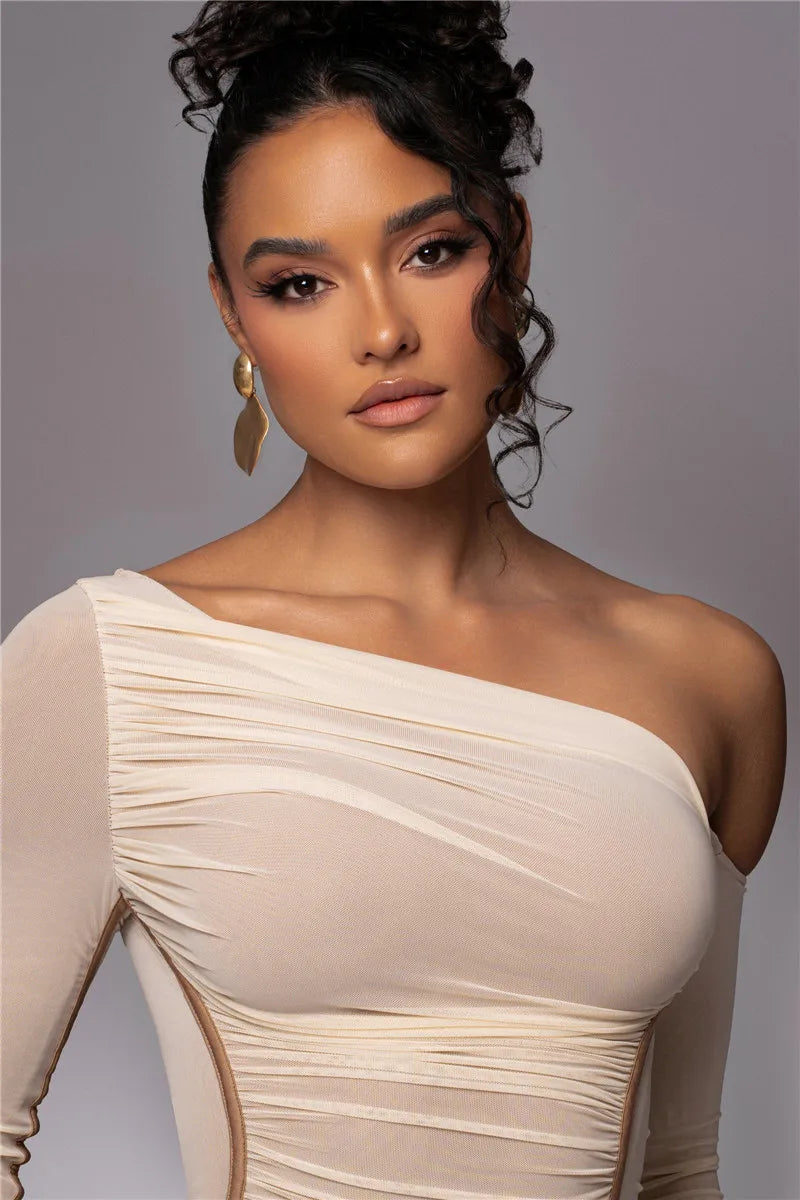 Diagonal Collar Long Sleeve Midi Dress