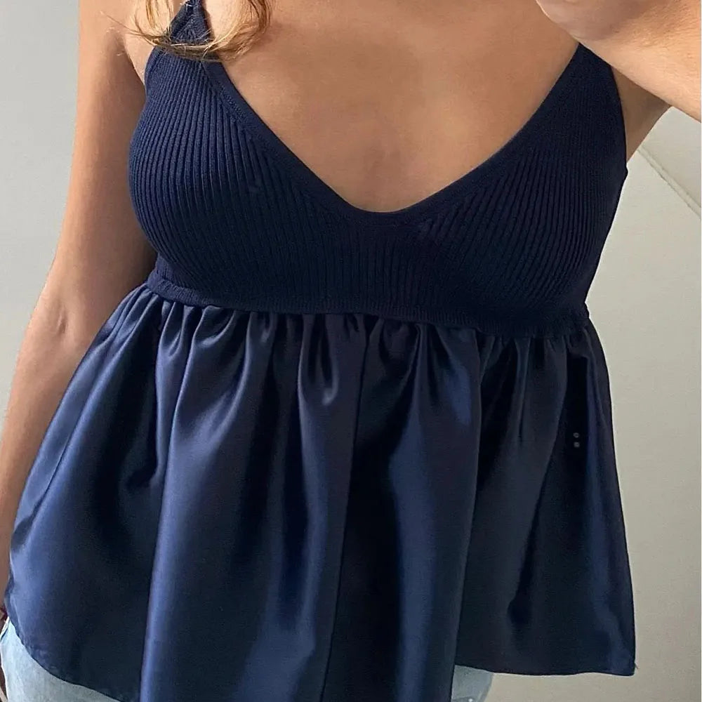 Blue Crop Top Ruffle Knitted Cami Top