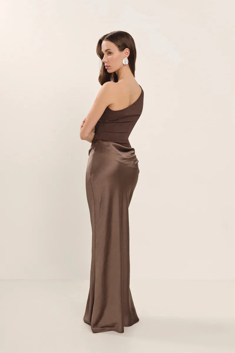 Satin Inclined Shoulder Sexy Maxi Dress