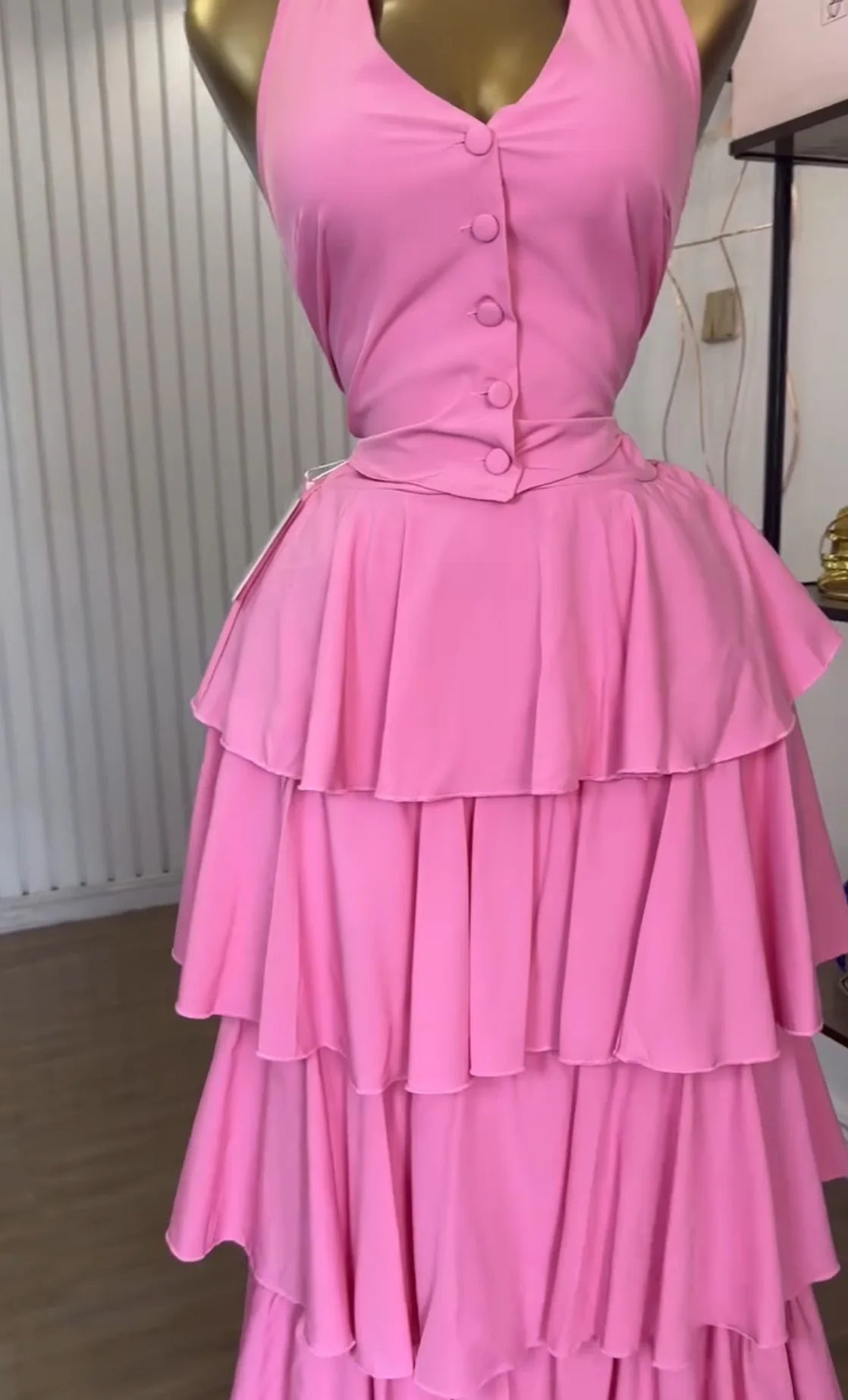 Sleeveless Vest Tops+Pleated Tiered Skirts Set