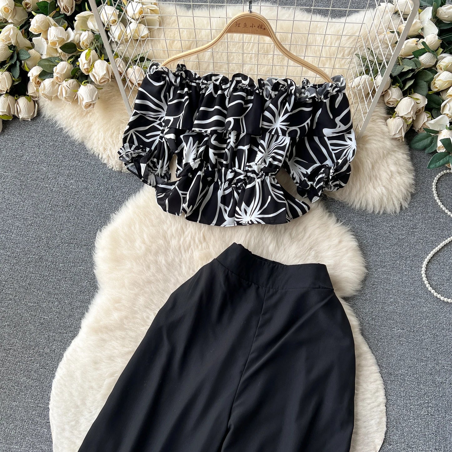 Ruffles Floral Print Elastic Waist Wide Leg Long Pants+Top Set