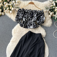 Ruffles Floral Print Elastic Waist Wide Leg Long Pants+Top Set