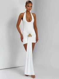 Metal Flower Draped Ruched Sexy Mini Dress