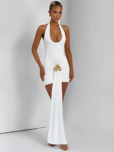 Metal Flower Draped Ruched Sexy Mini Dress