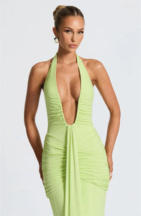 Deep V Neck Draped Ruched Sexy Maxi Dress