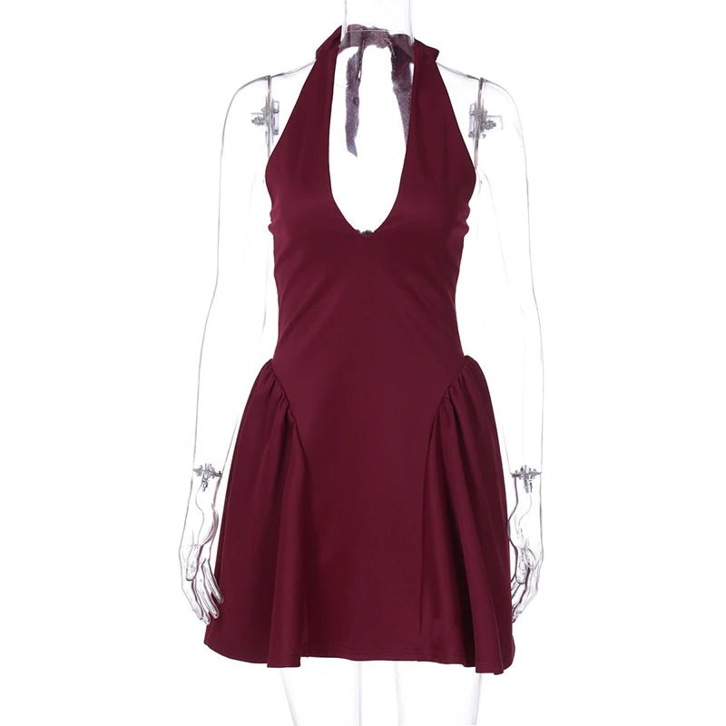 Elegant Halter High Waist A-line Deep V Neck Mini Dress