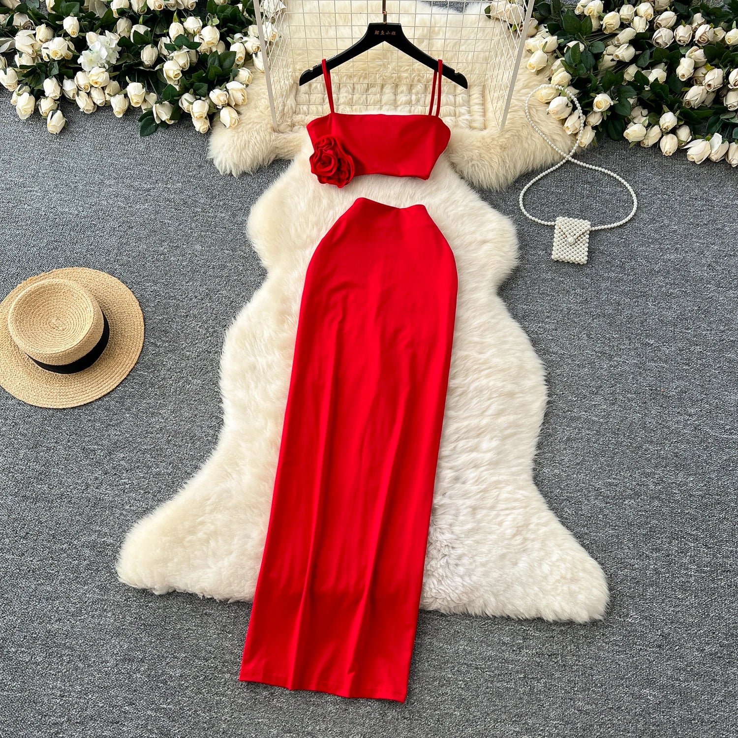 3D Flower Sleeveless Camisole+Zipper Skirt Set