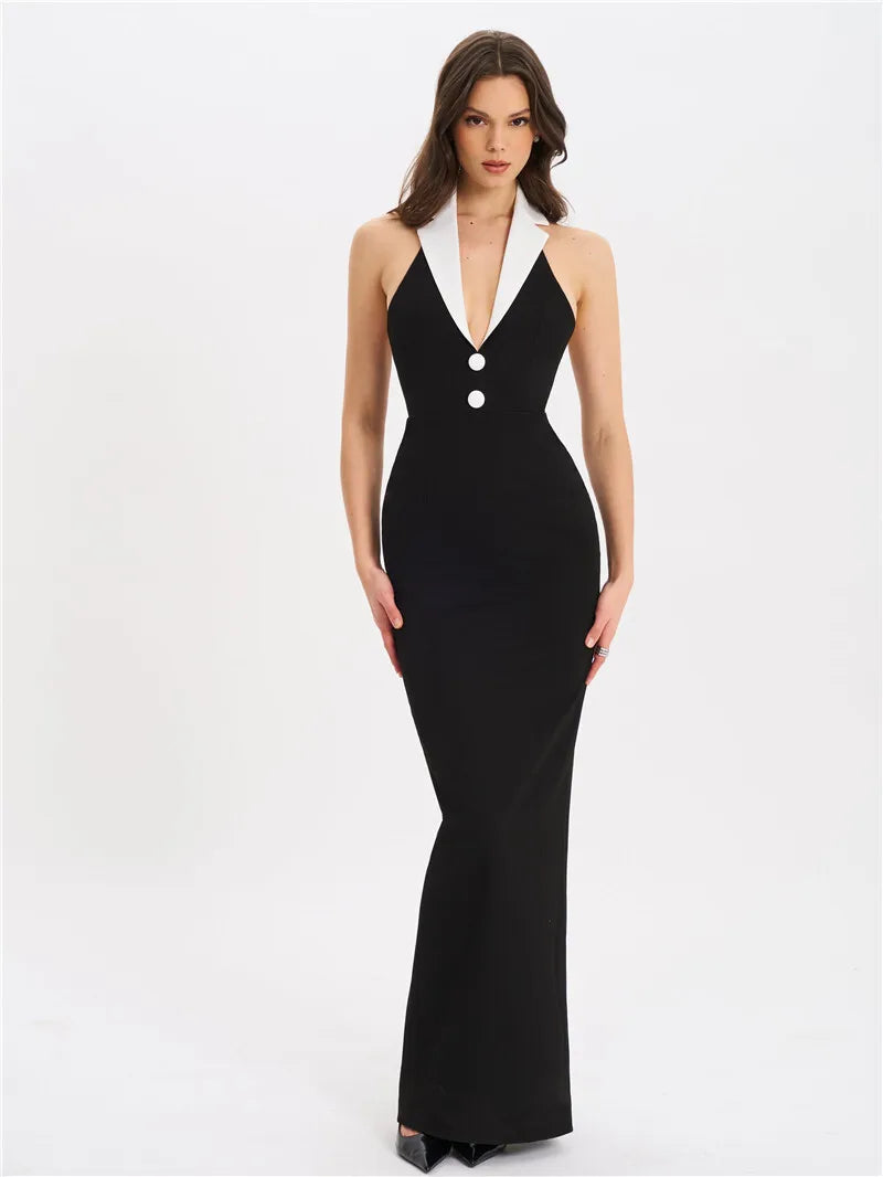 Notched Collar Halter Backless Sexy Maxi Dress
