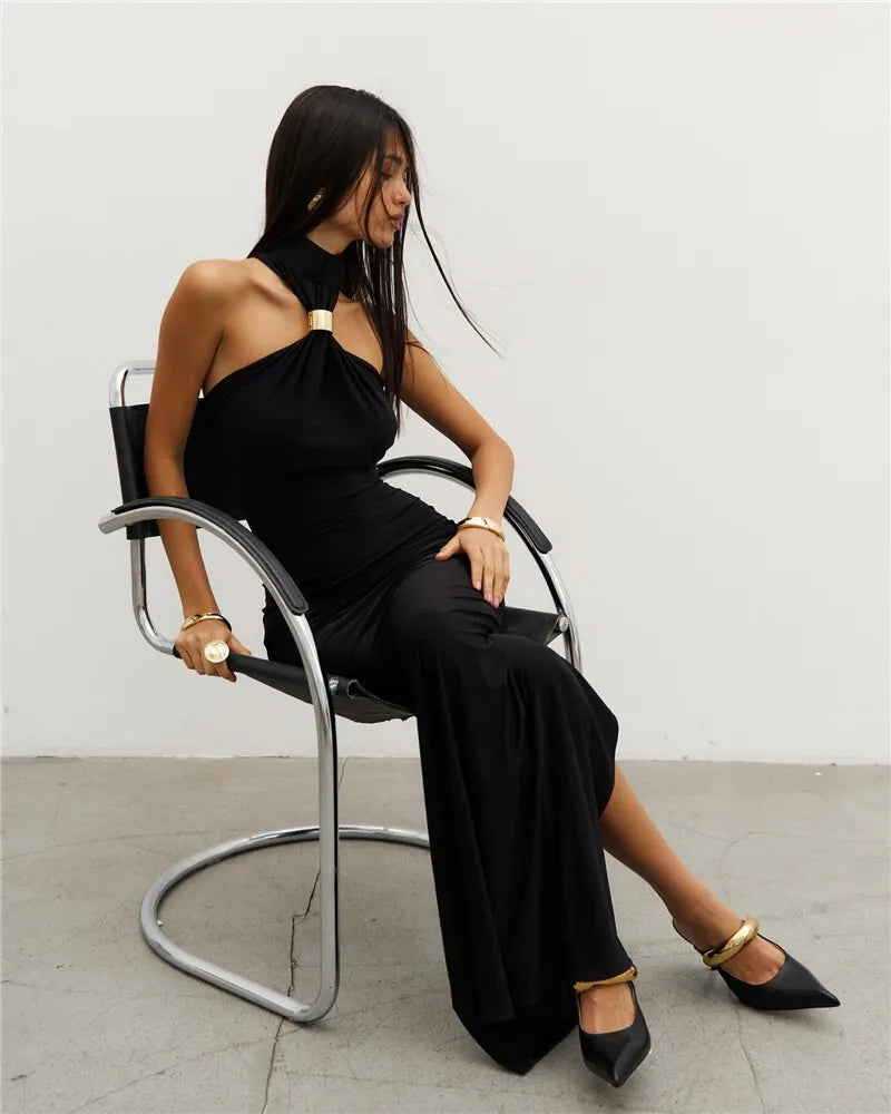 Metal Buckle Turtleneck  Maxi Dress