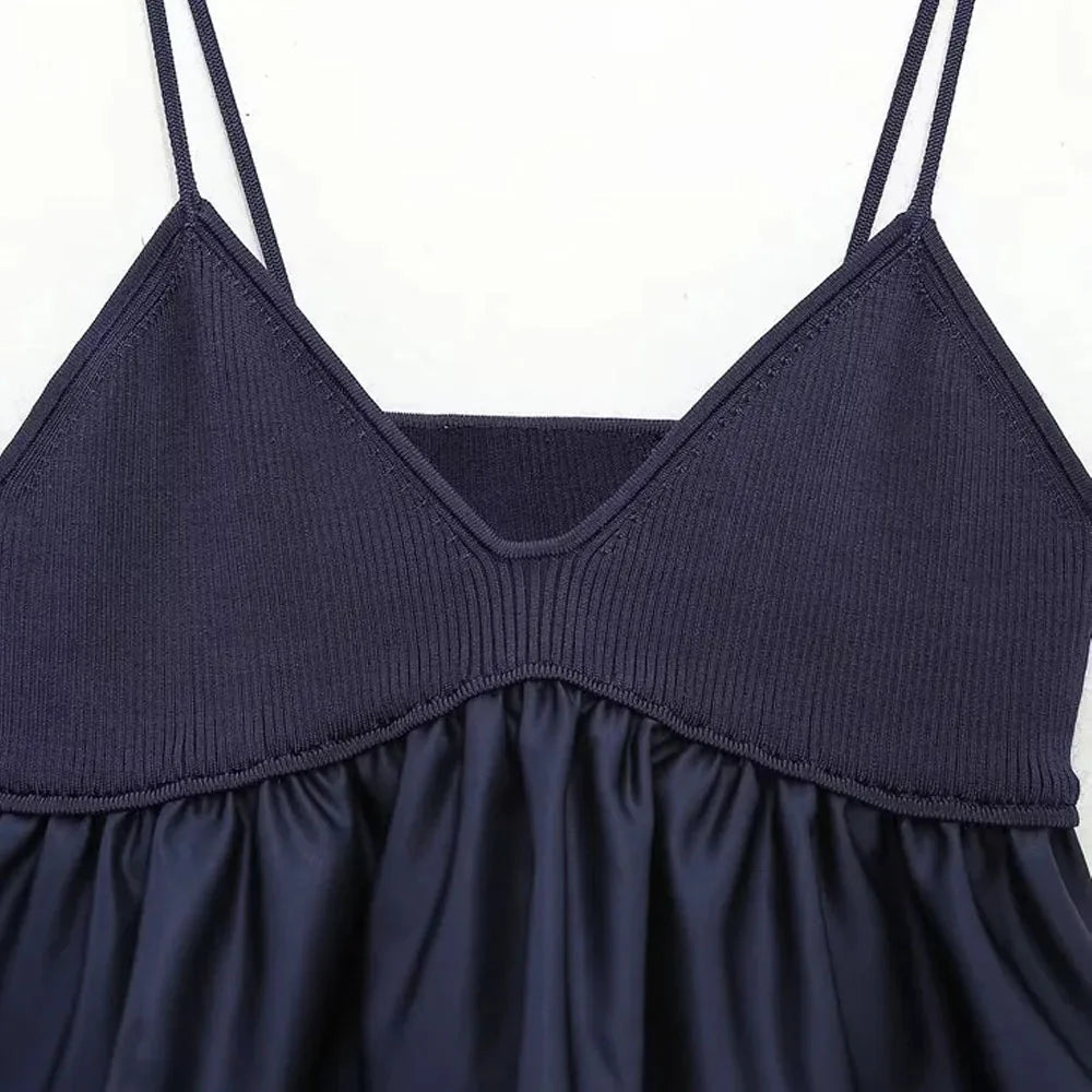 Blue Crop Top Ruffle Knitted Cami Top