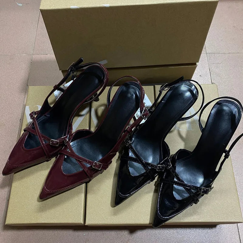 Elegant Pointed toe PU Leather Slingback Thin Heels