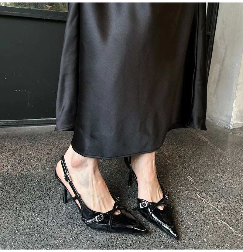 Elegant Pointed toe PU Leather Slingback Thin Heels