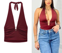 Sexy Ruched Backless  Halter Crop Top