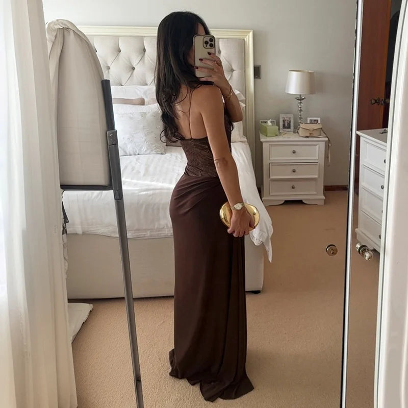 One Shoulder Lace See Through Sexy Maxi Dress