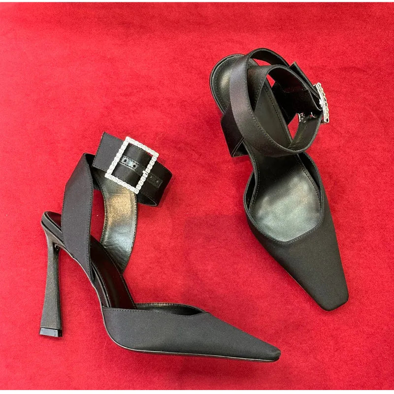 Luxury Satin Rhinestones Square Buckle Pumps