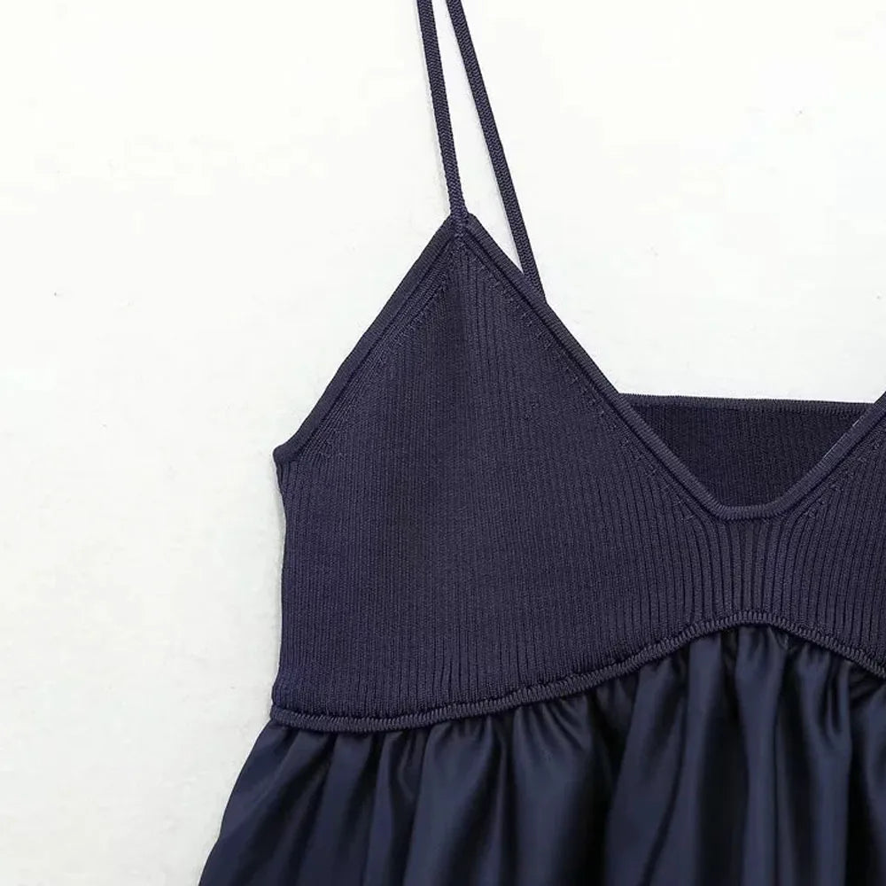 Blue Crop Top Ruffle Knitted Cami Top