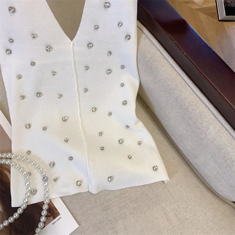 Halter Rhinestone Knitted Tank Top