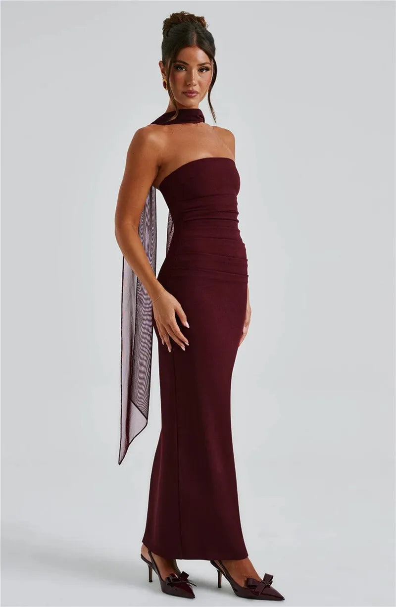 Scarf Collar Strapless Sexy Maxi Dress