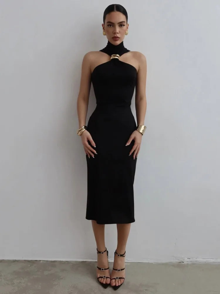 Turtleneck Ring Metal Sleeveless Midi Dress