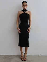 Turtleneck Ring Metal Sleeveless Midi Dress