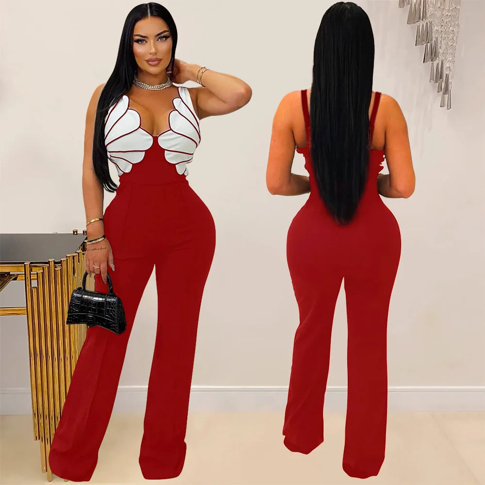 V-Neck Wide Leg  Sleeveless  Patchwork Jumpsuit