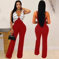 V-Neck Wide Leg  Sleeveless  Patchwork Jumpsuit