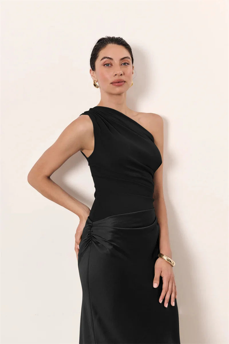 Satin Inclined Shoulder Sexy Maxi Dress