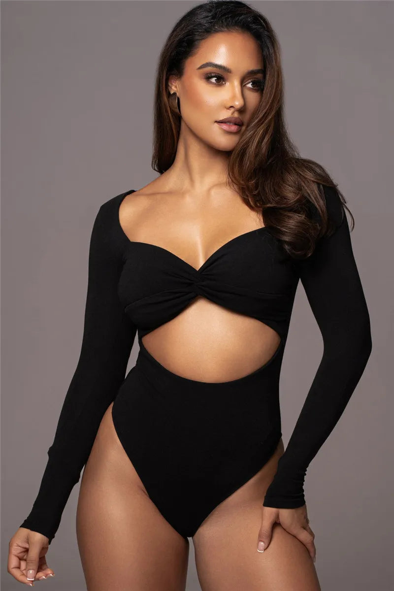 Hollow Out Long Sleeve Square Collar Bodysuit