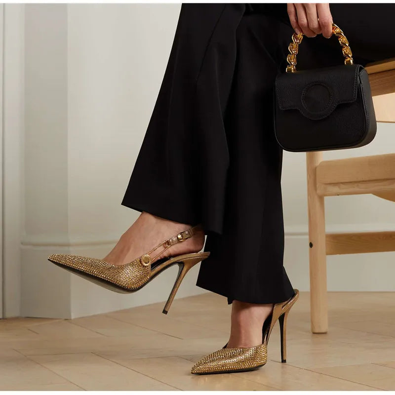 Luxury Rhinestone Sequined Buckle Pointed toe Slingback Stiletto
