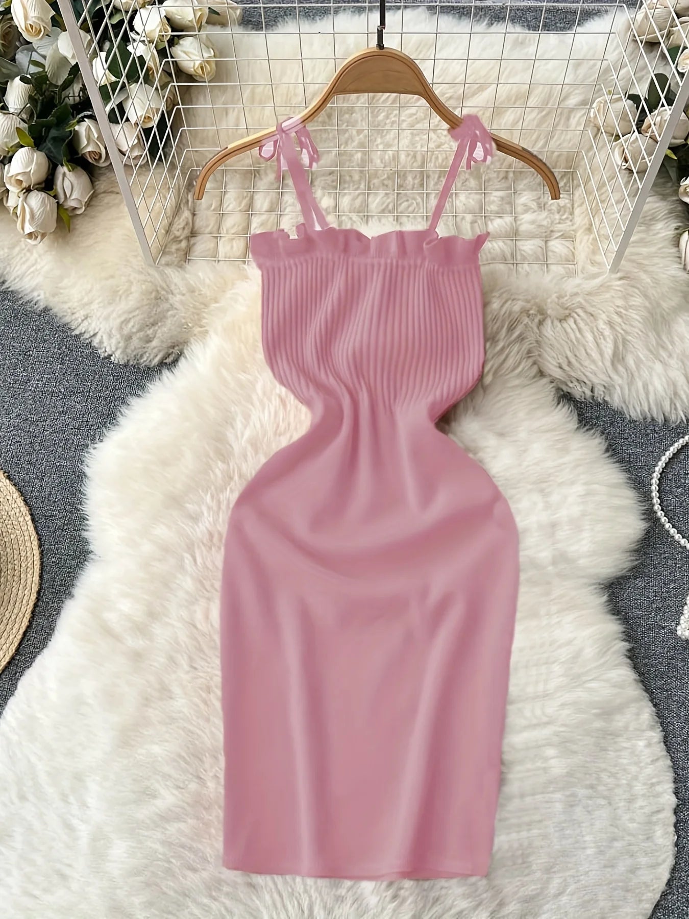 Ribbed Lace Up  Ruffle Trim Mini Dress