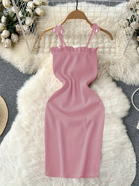 Ribbed Lace Up  Ruffle Trim Mini Dress